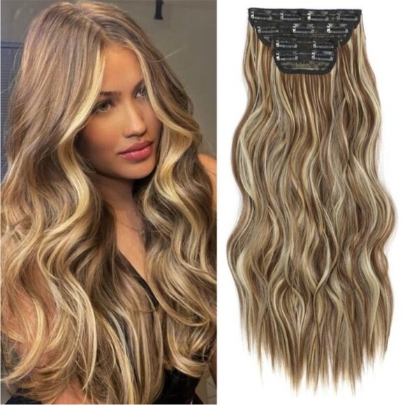 New Clip-in Hair Extensions 4PCS Medium Brown Highlighted Blonde Long Wavy